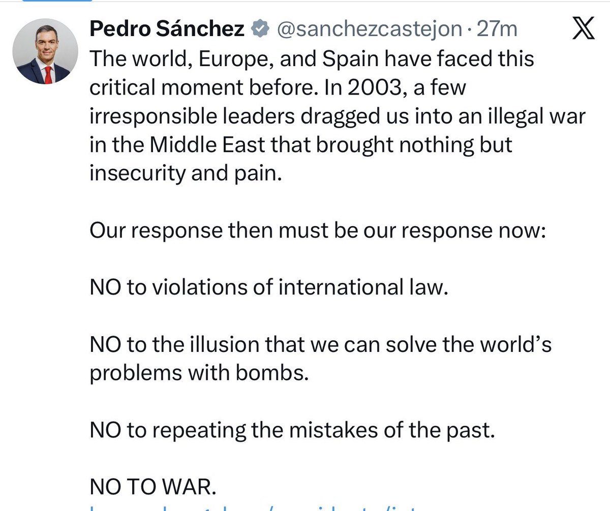 iihtishamm's tweet photo. Statement from the President of Spain 🇪🇸. 

“No to War”. https://t.co/C0Ma5KkFZP