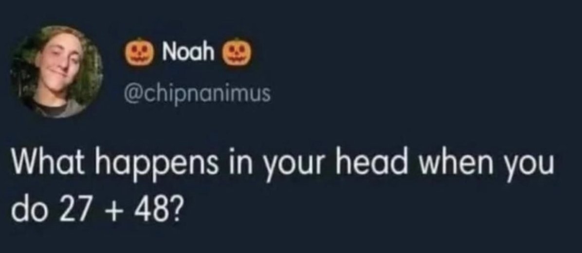 FarmaCrypt's tweet photo. I actually suck at math but never fails a math exam. 

In my head
7+8=15
20+40=60
15+60 = 75.

My brain is not trained to be carrying over numbers upandan. https://t.co/ojqkRBVmXa