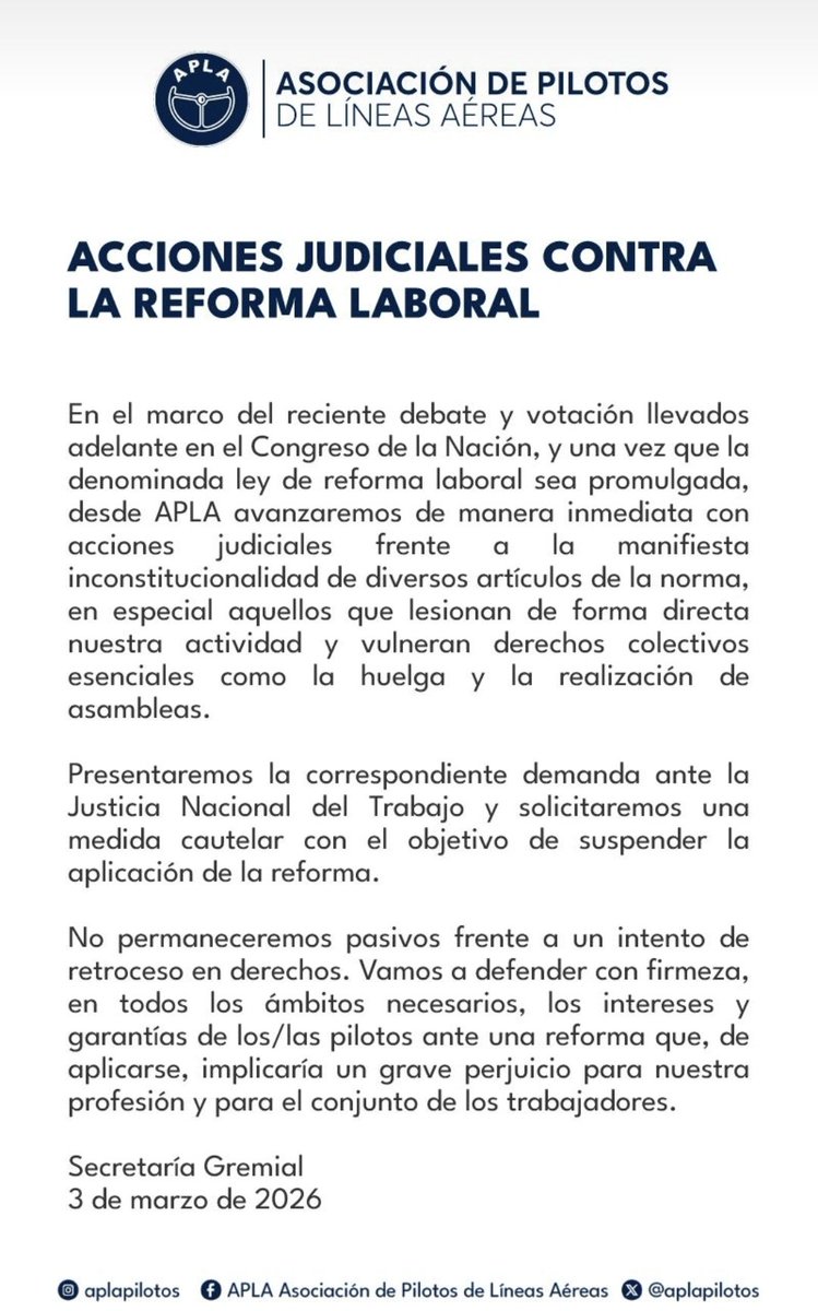 "Manifiesta inconstitucionalidad"

El gremio que nuclea a los pilotos (APLA) también va a la justicia contra la Reforma Laboral.

#InfoGremiales #periodismosindical