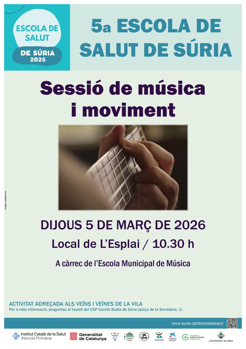 MusicaSuria's tweet photo. 5a Escola de Salut: Sessió de música i moviment.
Dijous 5 de març. 10.30 h. L'Esplai.
A càrrec de l'Escola Municipal de Música.
https://t.co/dAtatJ5Mg2 https://t.co/lWVQfEQ57f