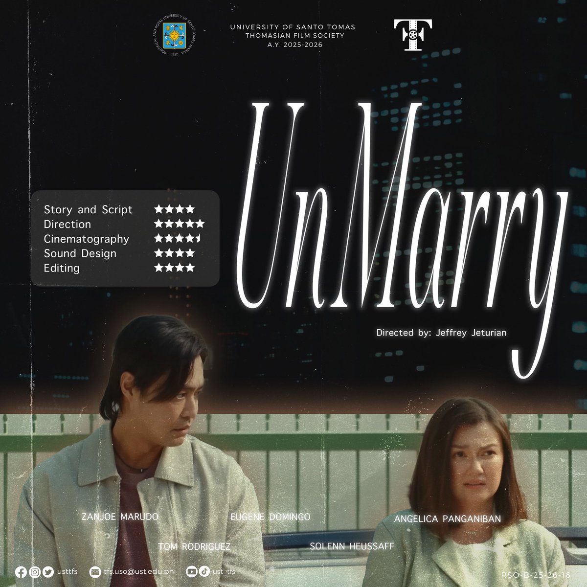 USTTFS's tweet photo. #TFSReviews presents: UnMarry (2025)

Bold yet intimate, the film navigates the fragile architecture of marriage and second chances. When vows begin to feel like cages and forever becomes a question mark, can love survive the courage it takes to let go?

#MMFF2025
#TFS12 https://t.co/tDhORZRfHL