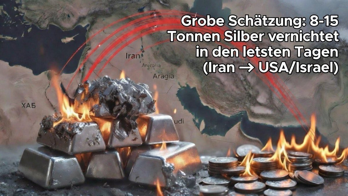 Poschlovski's tweet photo. 🚨 UPDATE Iran-Krieg Tag 6: Silber-Vernichtung eskaliert! 🔥
Iran feuert weiter Salven (17. Welle heute, kumuliert >1.400+ Raketen/Drohnen nur erste Tage + neue Launches).
US/Israel-Tomahawks, Patriots, Arrow-Interceptions: Tausende oz Silber in Elektronik & Leitungen für immer verdampft!
Grobe Schätzung jetzt: 8- 15 Tonnen physisches Silber GONE FOREVER (Community: bis 20t+ möglich).
Während Spot wild tanzt ($80–$96+), squeeze incoming? Stack harder! 💪🪙
#SilverSqueeze #IranWar #StackSilver #PreciousMetals
