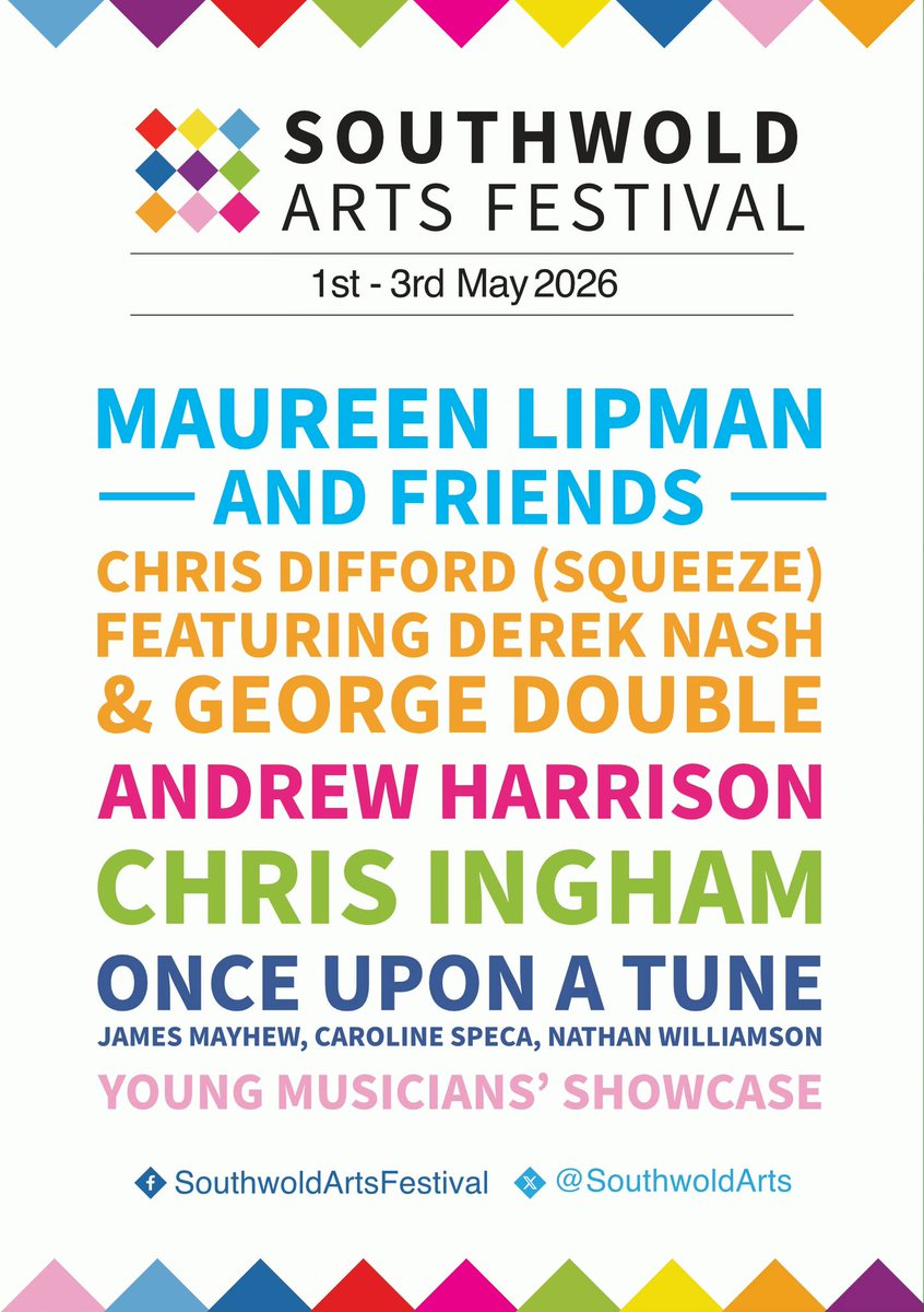 ArtsSouthwold's tweet photo. 🔵🟣🔴 SOUTHWOLD ARTS FESTIVAL 🟢🟡🟠 
🟢🟡🟠 BOOK NOW 🔵🟣🔴

The Southwold Arts Festival will be held over the May Bank holiday weekend (1st-3rd May) and will be crammed with Arts and Music events. We have a whole host of great performances. https://t.co/J3BTInUiGV