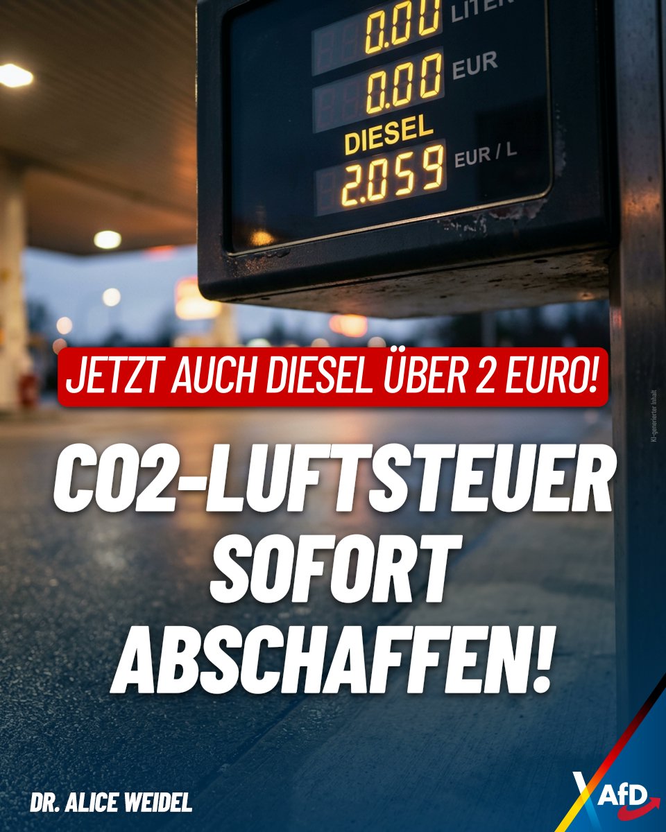 Dieselpreis steigt über zwei Euro. Die Bundesregierung lässt Bürger und Unternehmen auf den Kosten falscher Politik sitzen. CO2-Luftsteuer abschaffen, Energiesteuern drastisch senken – so einfach geht Entlastung!
