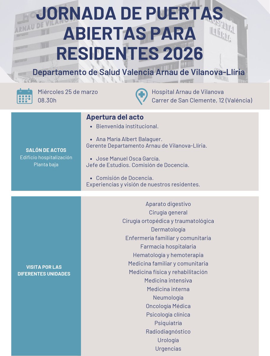 GVAdsarnau's tweet photo. 🏥¿Quieres hacer tu residencia en el @GVAdsarnau?
🔜El 25 de marzo a las 8:30 h celebramos la Jornada de Puertas Abiertas para #residentes #MIR #EIR #FIR y #PIR
✅Recibirás información específica por residentes de forma presencial y por videoconferencia.
¡Te esperamos!🤗🤗 https://t.co/ZohVTj7XGr