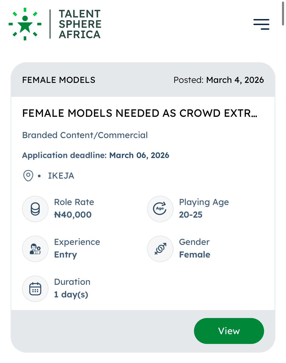 TalentSphereAfr's tweet photo. 🎬 CASTING CALL – FOOTBALLERS &amp; FEMALE MODELS NEEDED AS EXTRAS

Swipe to see the ROLES (2)
Must be available tomorrow-  Thursday 5th of March 2026

10slots only

Interested candidates should visit the website to apply and view full details:

https://t.co/F17UCP8C7J https://t.co/NoTLRHTyk4