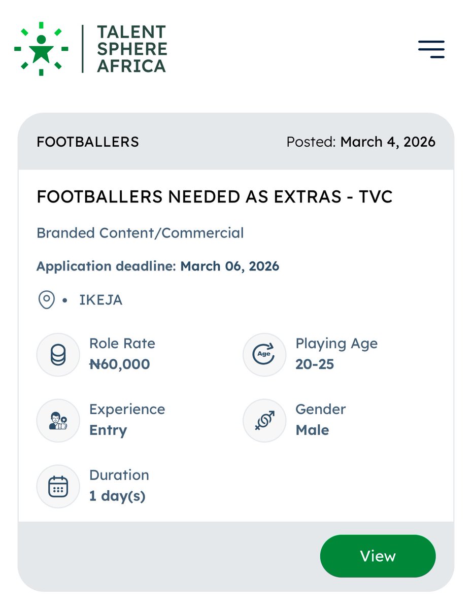 TalentSphereAfr's tweet photo. 🎬 CASTING CALL – FOOTBALLERS &amp; FEMALE MODELS NEEDED AS EXTRAS

Swipe to see the ROLES (2)
Must be available tomorrow-  Thursday 5th of March 2026

10slots only

Interested candidates should visit the website to apply and view full details:

https://t.co/F17UCP8C7J https://t.co/NoTLRHTyk4