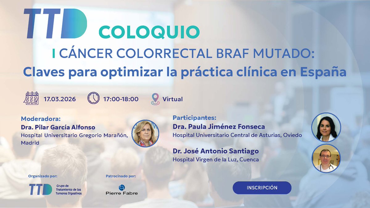 GrupoTTD's tweet photo. 📍No te pierdas el #TTDCOLOQUIO 'CCR BRAF MUTADO: Claves para optimizar la práctica clínica en 🇪🇸'
📅17MAR
⏰17h
Coordina: Dra Pilar Gª Alfonso
📢Dres. @PaulaJFonseca y José A. Santiago
🔗https://t.co/v0em0vduaJ
Patrocina @PierreFabre
👉Abierto a especialistas interesados https://t.co/NeLTDCq9Os
