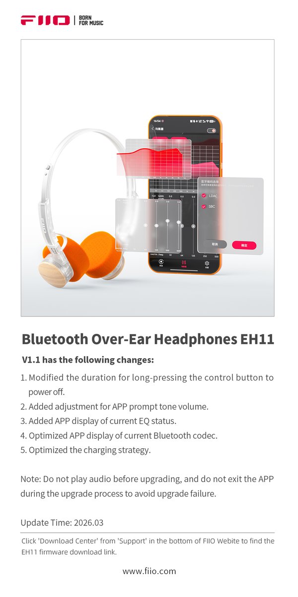 FIIO_official's tweet image. The new firmware V1.1 for FIIO EH11 is now available!

EH11 firmware download link and firmware upgrade instruction: 
forum.fiio.com/note/showNoteC…
Note:  Point 2 will be supported in the next FiiO Control version. 

#FIIO #EH11 #Headphones #HiFi #FirmwareUpgrade