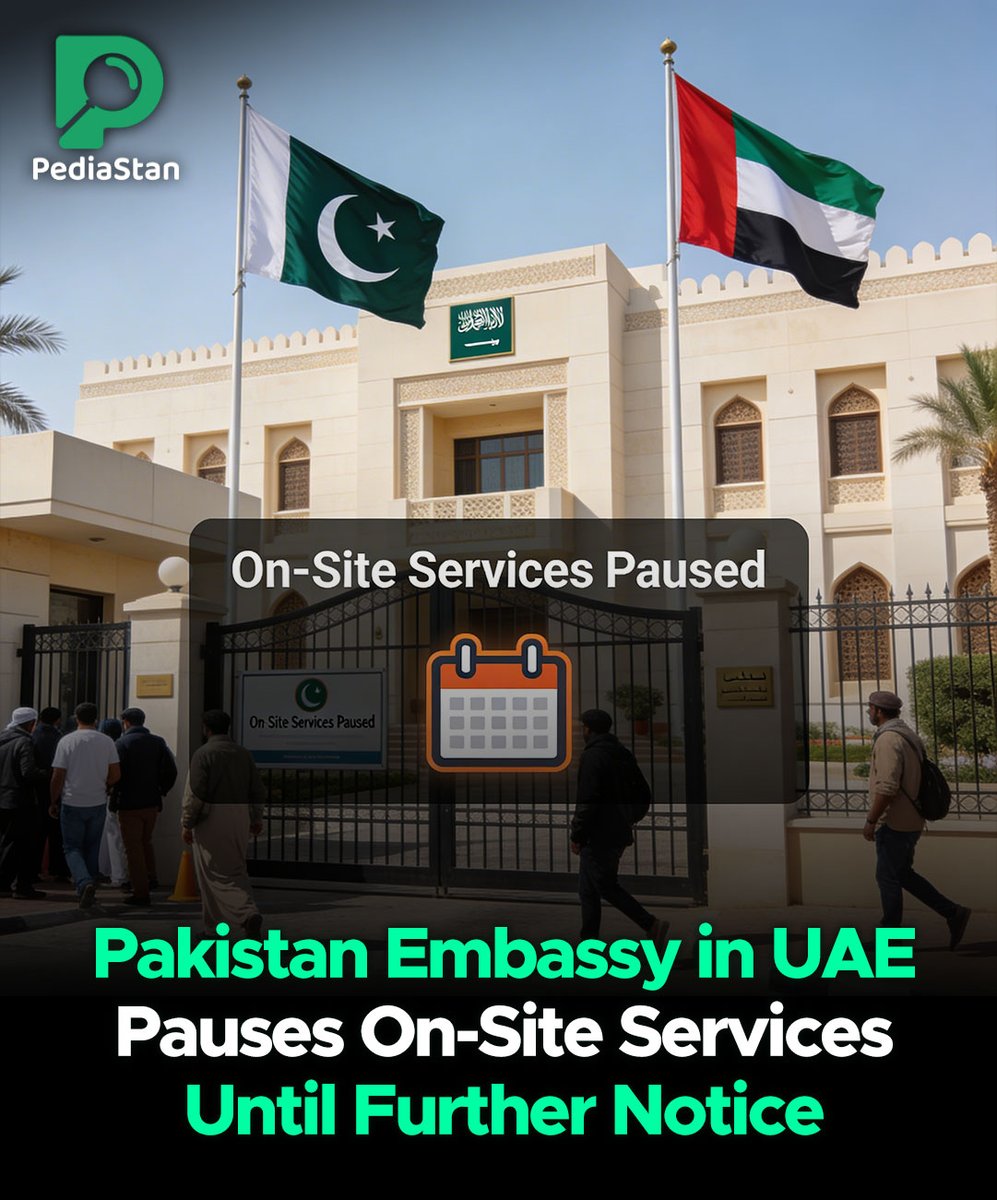 Pediastan's tweet image. Pakistan Embassy in UAE has temporarily suspended on-site services, citing security and operational concerns. 

#PakistanEmbassyUAE #CitizenServices #DiplomaticUpdate #OnlineSupport #TravelAdvisory #pediastan
