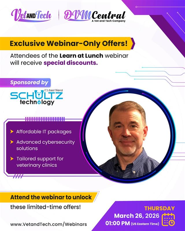 DVMCentral's tweet photo. Unlock exclusive savings at our Learn at Lunch webinar! 🔓
Join us on Thursday, March 26, 2026, at 1:00 PM (ET) and gain access to special attendee-only discounts—sponsored by Schultz Technology. https://t.co/YElWO3hR3l
