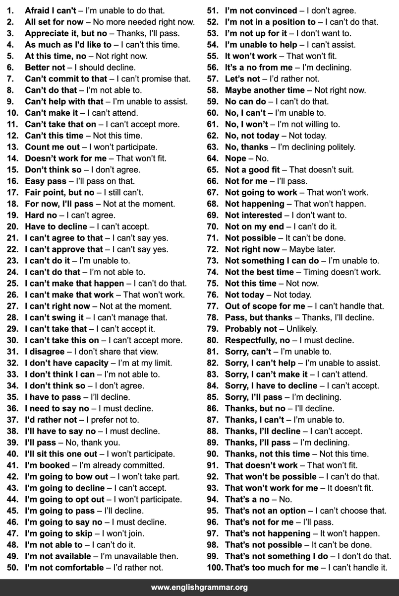 GrammarUpdates's tweet photo. 100 Ways to Write a Friendly "No" in Chat https://t.co/Gz82K1fLe7