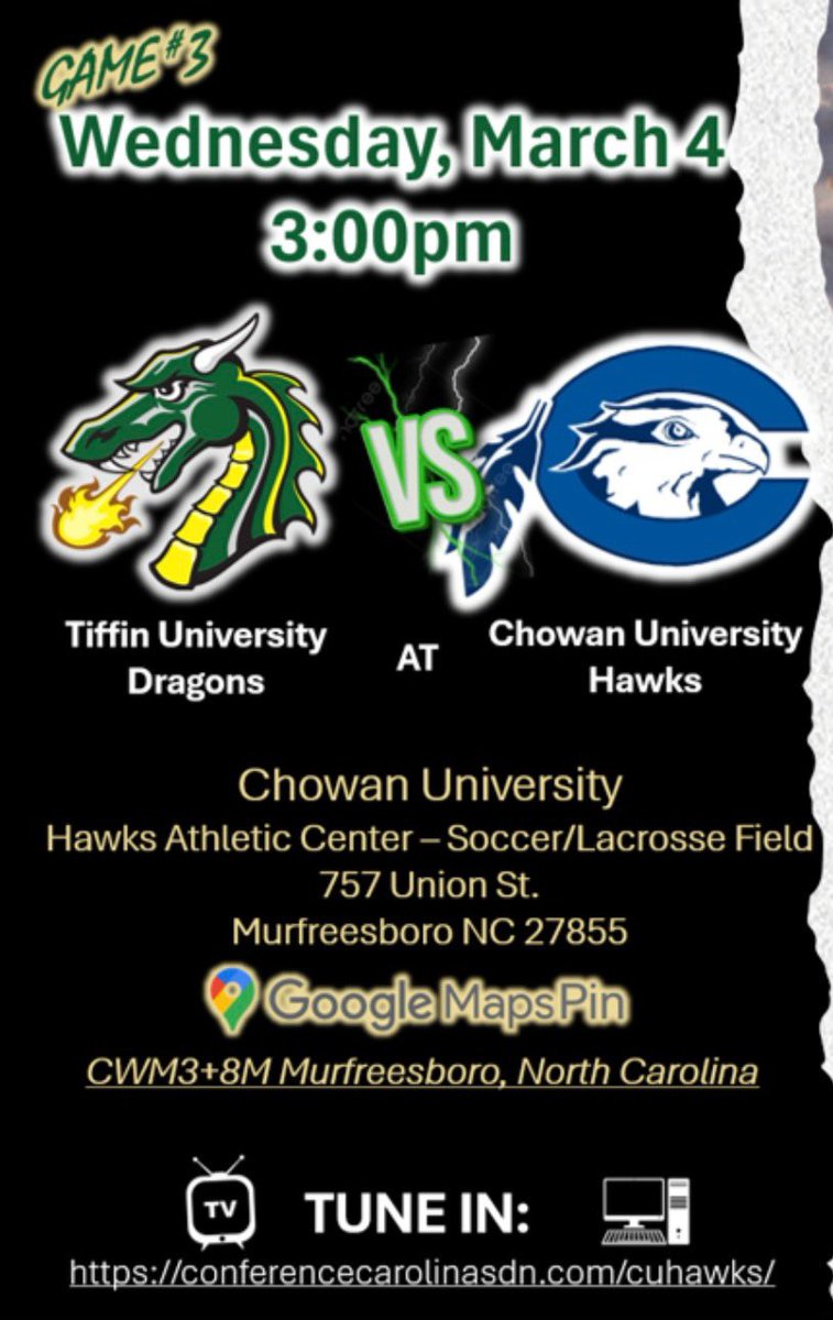 Bubbabakes1's tweet photo. 🚨🚨GET 🆙!! IT’S GAME DAY!! 🚨🚨

Today at 3pm, our Dragons Men’s Lacrosse team take on the Chowan University Hawks!

Live stream link:
https://t.co/mP1BDQhmVC

LET’S CONTINUE THE WINNING STREAK AND BRING HOME THE DRAGON’S SECOND CONSECUTIVE VICTORY!!

🟢🟡🐉🥍Go GONS!🥍 🐉���🟢 https://t.co/AY8H1AbJGN