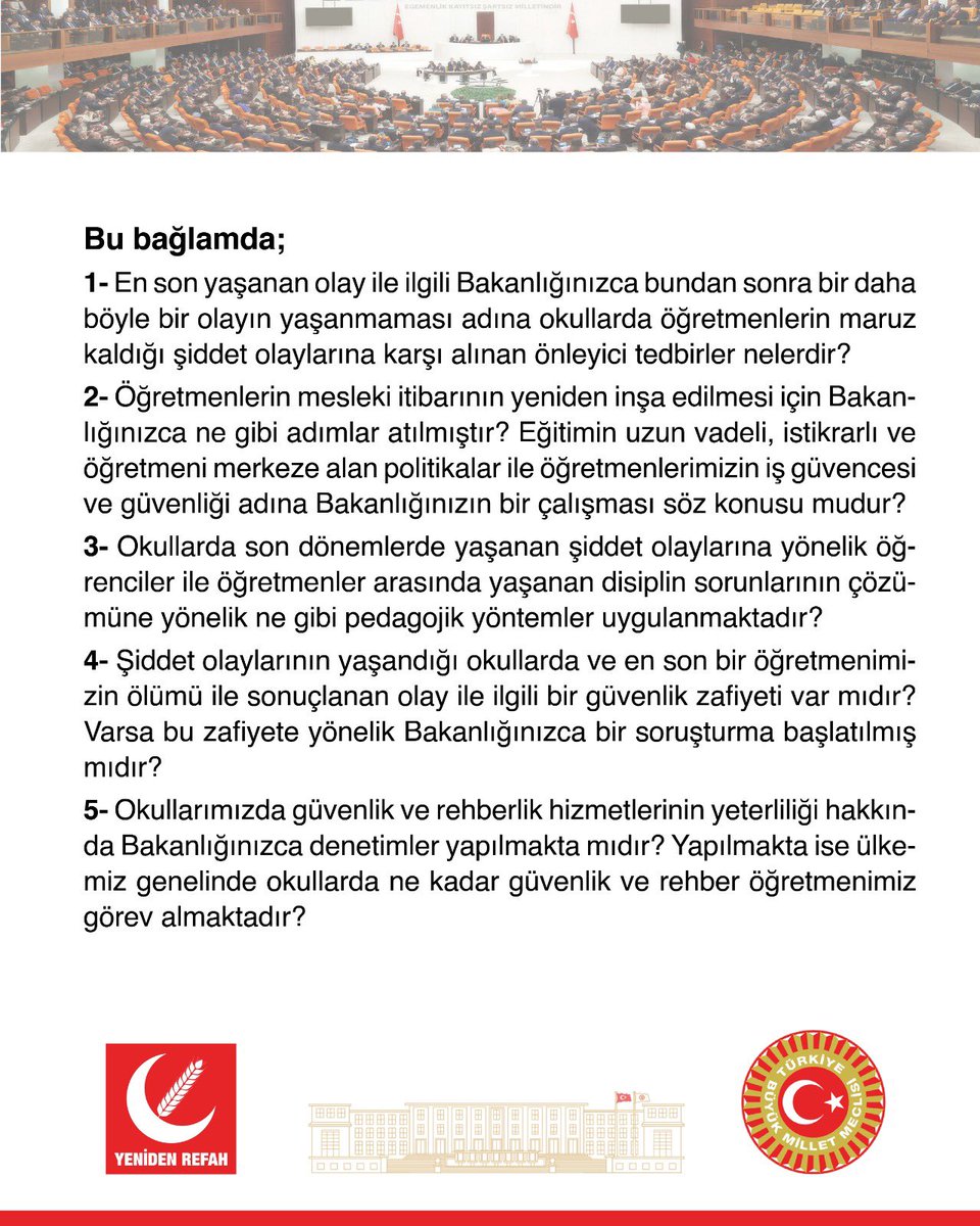 Öğretmenlerimizin maruz kaldığı şiddete ve mesleki itibarının yeniden inşa edilmesine yönelik yazılı soru  önergemiz Genel Başkan Yardımcımız ve İstanbul Milletvekilimiz Doğan Bekin tarafından TBMM’ye sunulmuştur.

<a href="/erbakanfatih/">Dr. Fatih Erbakan</a> <a href="/rprefahpartisi/">Yeniden Refah Partisi</a> <a href="/DoganBekin/">Doğan Bekin</a> <a href="/magdursuztoplum/">Toplumsal Mağduriyetler Kurulu</a>