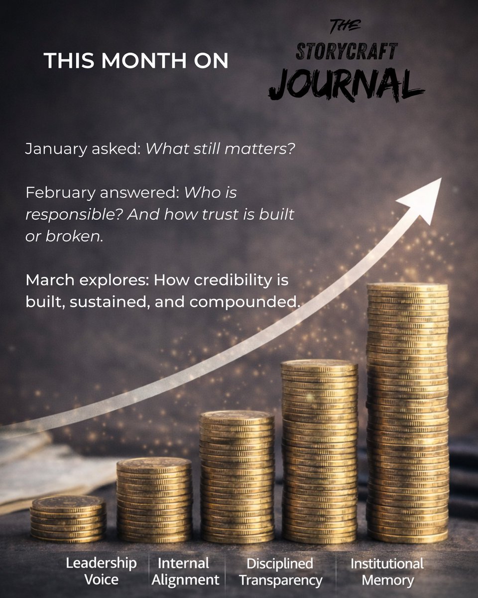OliverMathenge's tweet photo. We’ve moved from clarity to responsibility.

Now we build durability.

March on The Storycraft Journal focuses on one idea: Credibility compounds.

Not through volume.
Not through visibility alone.
But through consistent leadership presence over time.

Every Thursday.

#TheStorycraftJournal #Leadership #Credibility #StrategicCommunication