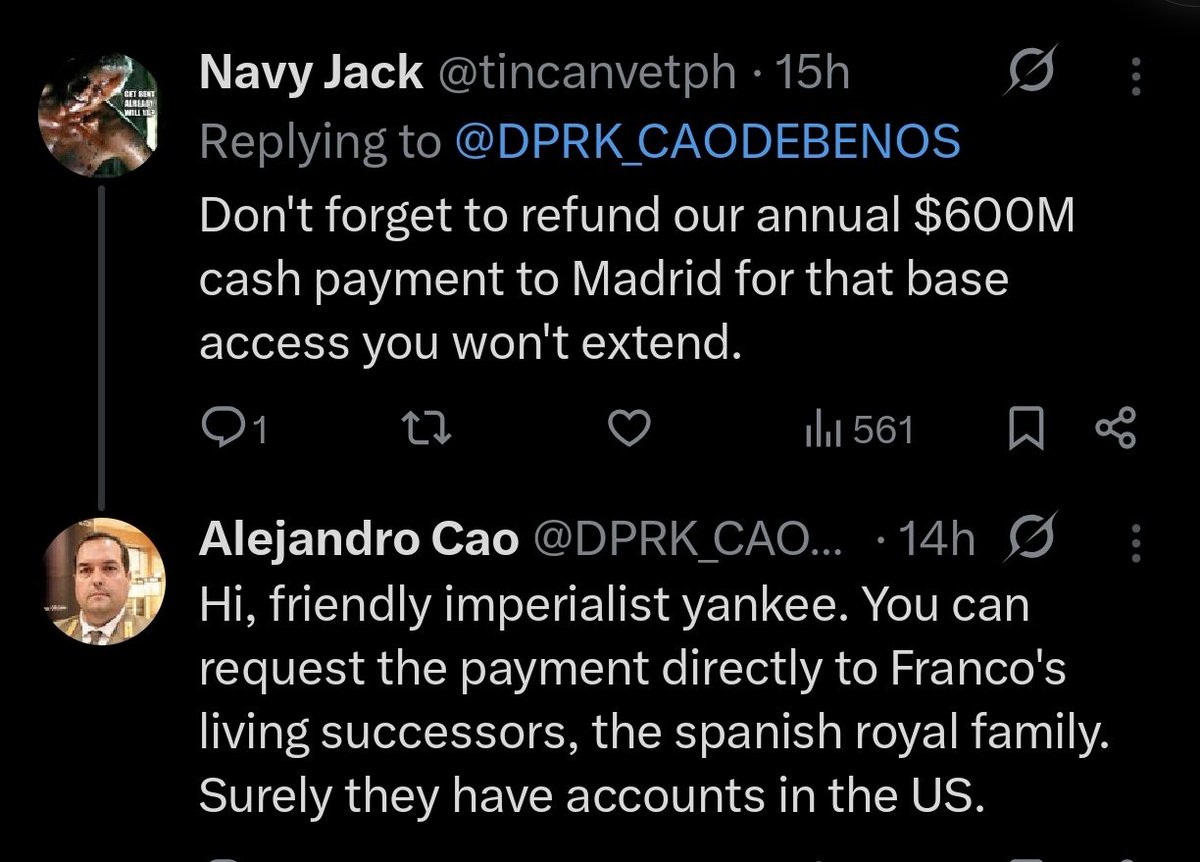 Los militares USA que sirven en las bases en España exigen que, si se desmantelan, les devolvamos los 600 millones anuales que pagan por ocuparnos. Les he dicho que la familia real, sucesora de Franco, son muy  patriotas y estarán encantados de abonar la factura.