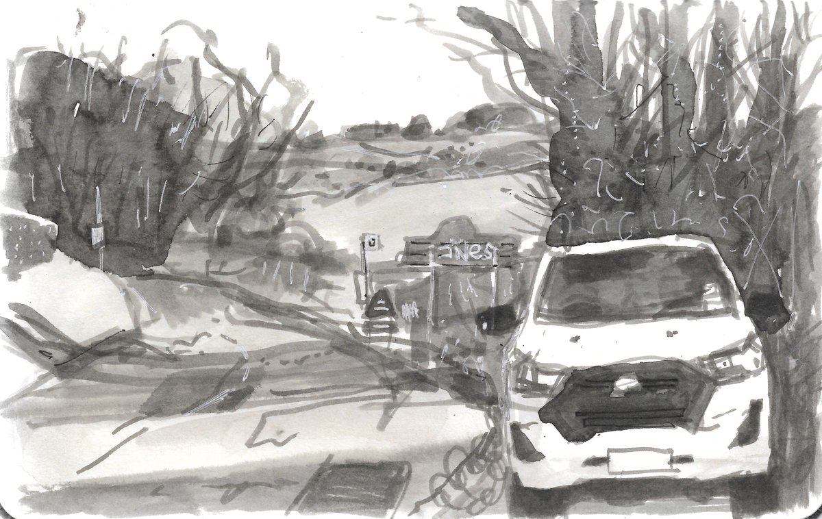Chainsaw_McGinn's tweet photo. View from my van, near Low Pittington, Co Durham. Drawing isn't about trying to do a good drawing, but an exploration of subject, materials and how they play off each other. Journey of discovery rather than pre-determined destination. #indrawing #brushpen #CoDurham #Pittington https://t.co/9MX4xgw1Yn
