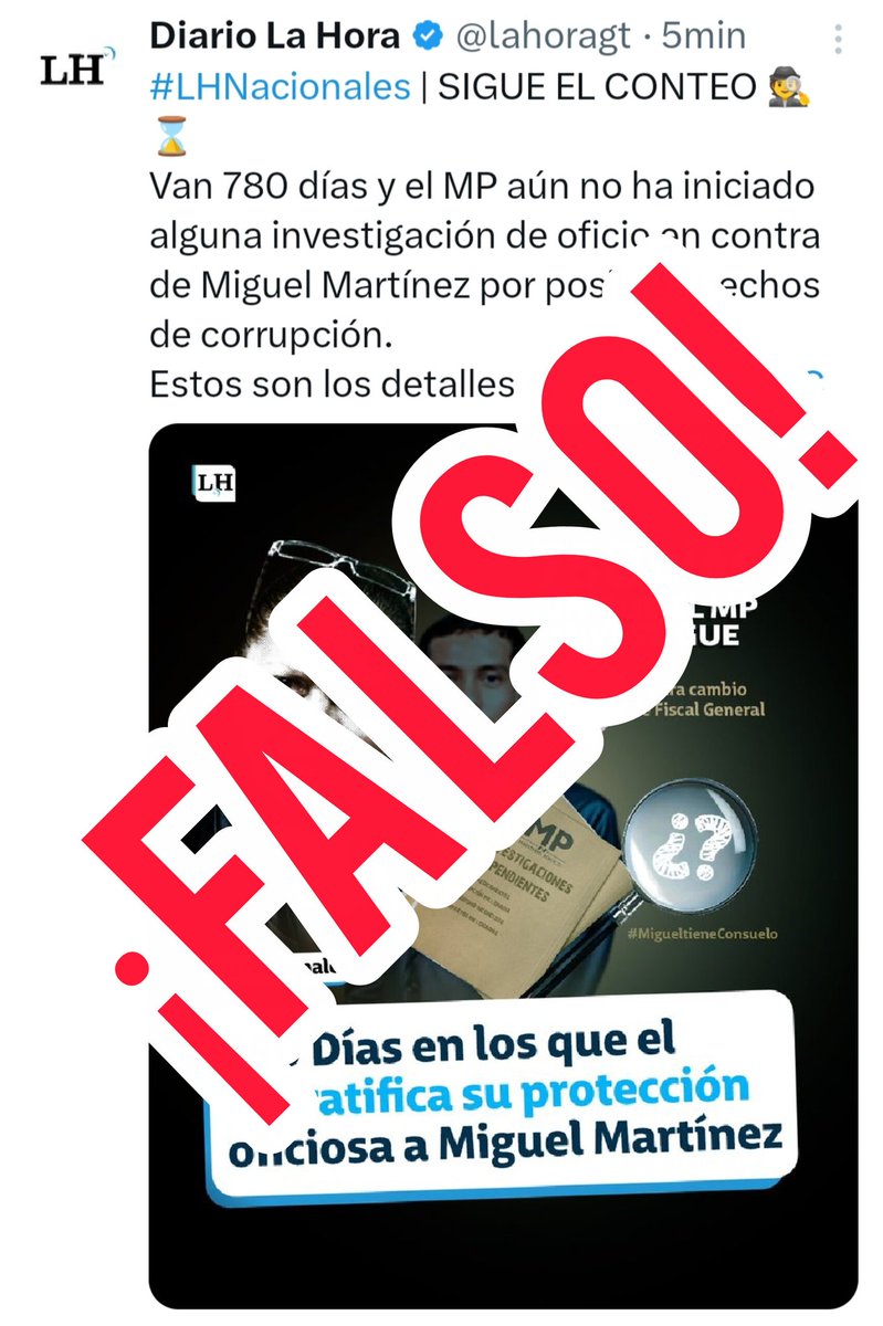 infoyprensa_MP's tweet photo. 📢 MP INFORMA   

❌FALSO  

La desinformación únicamente busca manipular y engañar.   

#MPfuerteYfirme 💪
#MPinforma https://t.co/5rFfvxRvhX