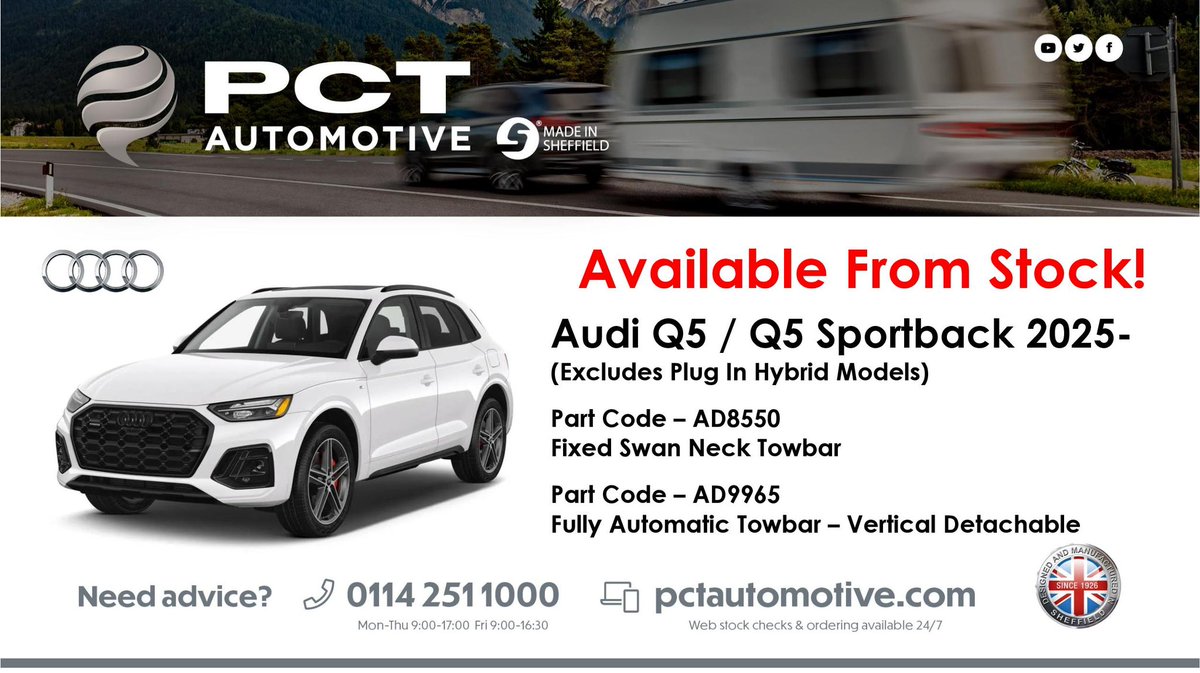 PCTAutomotive's tweet photo. New Products Available Now ‼️

Fixed and detachable towbar for the new Audi Q5 and Q5 Sportback are now in stock at PCT Automotive. https://t.co/QeZ77Xnn3e