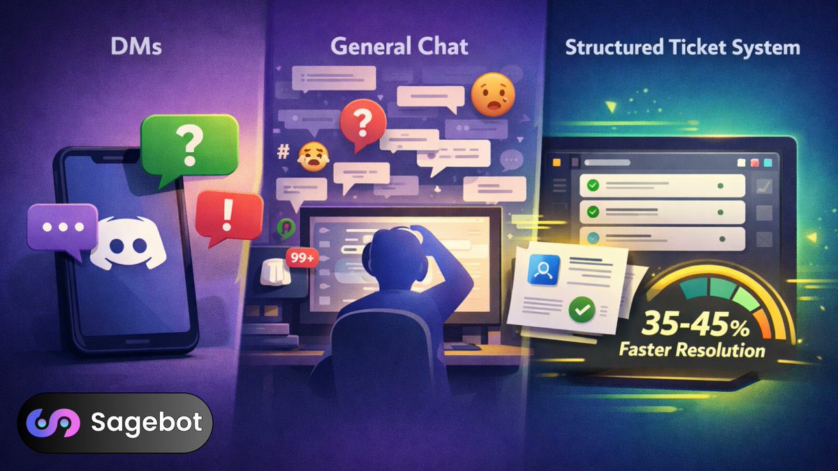 SageBot_XYZ's tweet photo. Honest question for Discord admins - how do you handle: support right now? 

DMs? General chat? Proper ticket system? 

Servers using structured tickets see 35-45% faster resolution 📈 https://t.co/Pj219RfryB