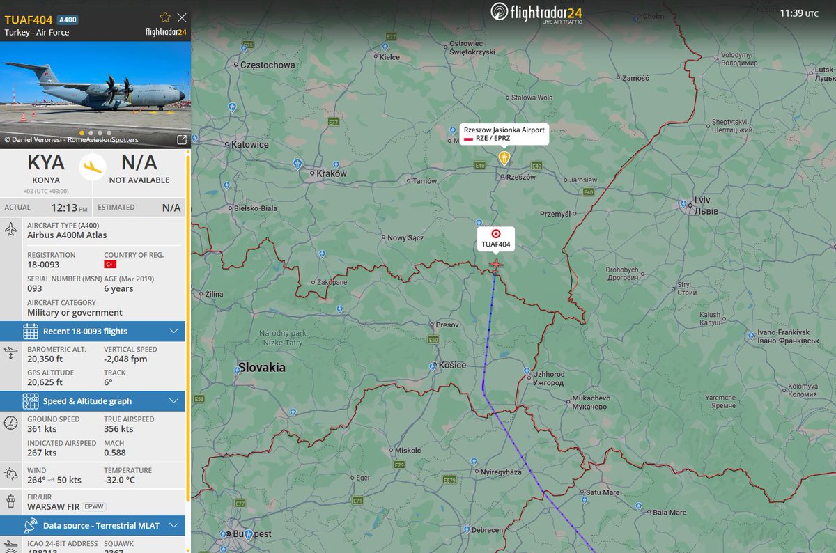 PolishMilRadar's tweet photo. 📅 04.03 🕘 12:40LT - 🇹🇷✈️ Turecki Airbus A400M zniża do Rzeszowa
Do Rzeszowa Jasionki #EPRZ 🇵🇱 zniża ✈️ #TUAF404 Airbus A400M Atlas "18-0093" Tureckich Sił Powietrznych #TUAF 🇹🇷, który wystartował z Bazy Lotniczej Konya #LTAN w Turcji 🇹🇷
🔗https://t.co/eSeJCTGWMv
#POLMILRADAR https://t.co/hdXfIQbnpz