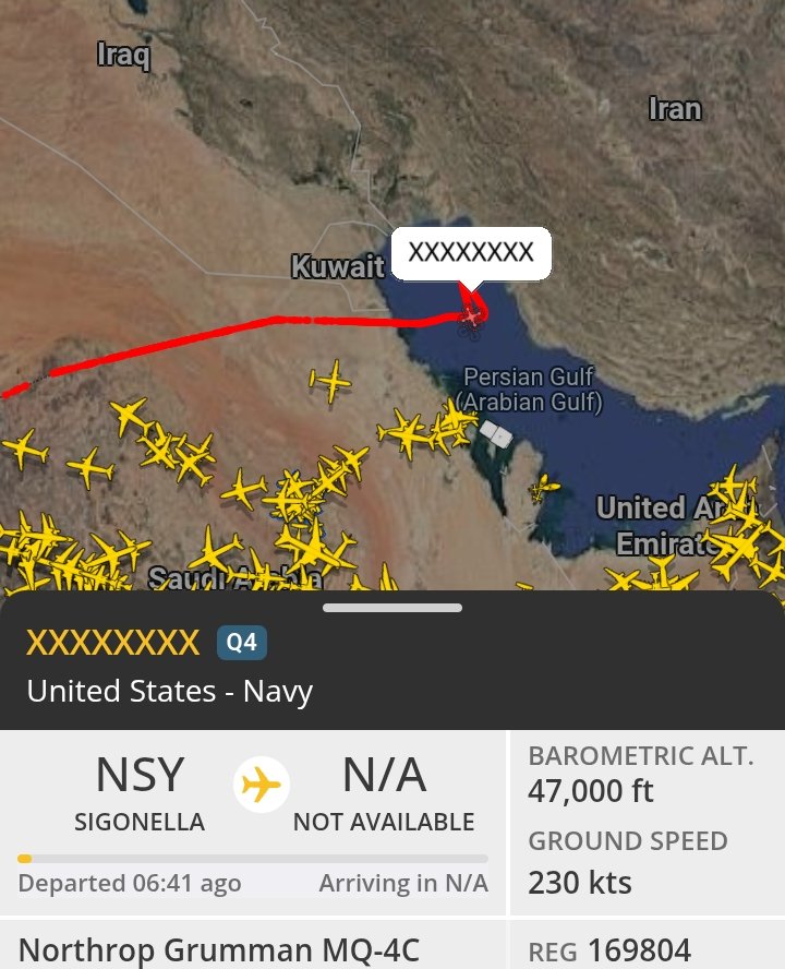 AlexJr4190's tweet photo. USA airforce drone has been in the air for 6 hours plus now in the Persian Gulf.
#IranWar https://t.co/hWP4uerp1G
