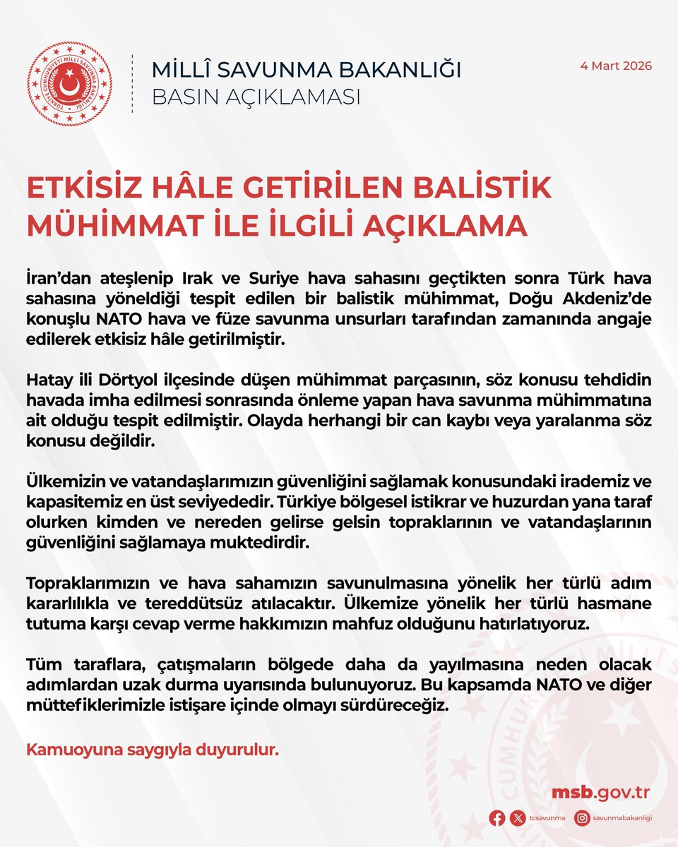 "İRAN'DAN ATEŞLENEN FÜZE ETKİSİZ HALE GETİRİLDİ"

Millî Savunma Bakanlığı:

"İran'dan ateşlenip Türk hava sahasına yöneldiği tespit edilen balistik mühimmat, Doğu Akdeniz'de konuşlu NATO hava ve füze savunma unsurlarınca etkisiz hâle getirilmiştir."