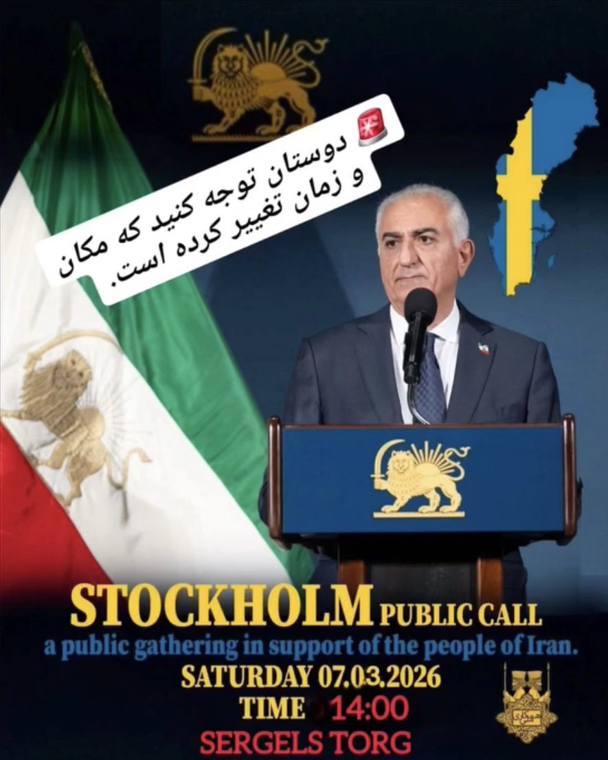 Kära Stockholmaren, vi samlas för demonstrationen på Sargelstorget klockan 14:00 nu på lördag!
Inte på Normalstorget den här veckan.

Se bilden nedan och dela gärna vidare 🙏🏻

#KingRezaPahlavi #IranRevolution2026