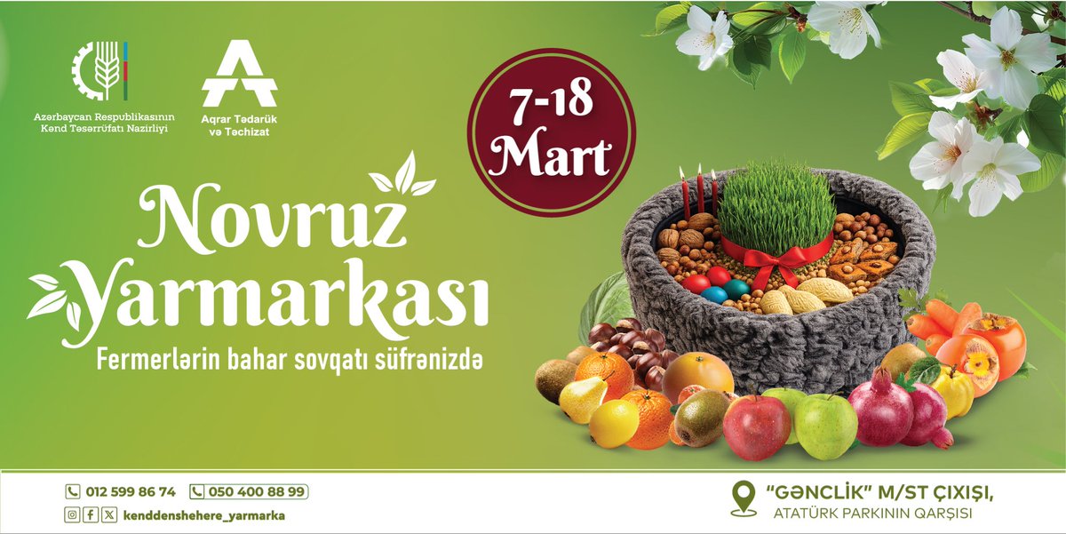 Dəyərli izləyicilərimiz,
“Kənddən Şəhərə” Novruz yarmarkası başlayır! 
7–18 mart tarixlərində Nərimanov rayonu, Fətəli xan Xoyski küçəsi, 5 (“Gənclik” metro stansiyasının yanı) ünvanında xidmətinizdə olacağıq.