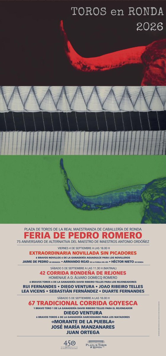 GOYESCARONDA's tweet photo. 📸 Presentados oficialmente los carteles que componen la Feria Pedro Romero de Ronda 2026. Consta de una novillada sin picadores, un festejo de rejones y la tradicional Corrida Goyesca

Este año se conmemora el 75 aniversario de alternativa del maestro de maestros Antonio Ordóñez https://t.co/rHtU2xel5a