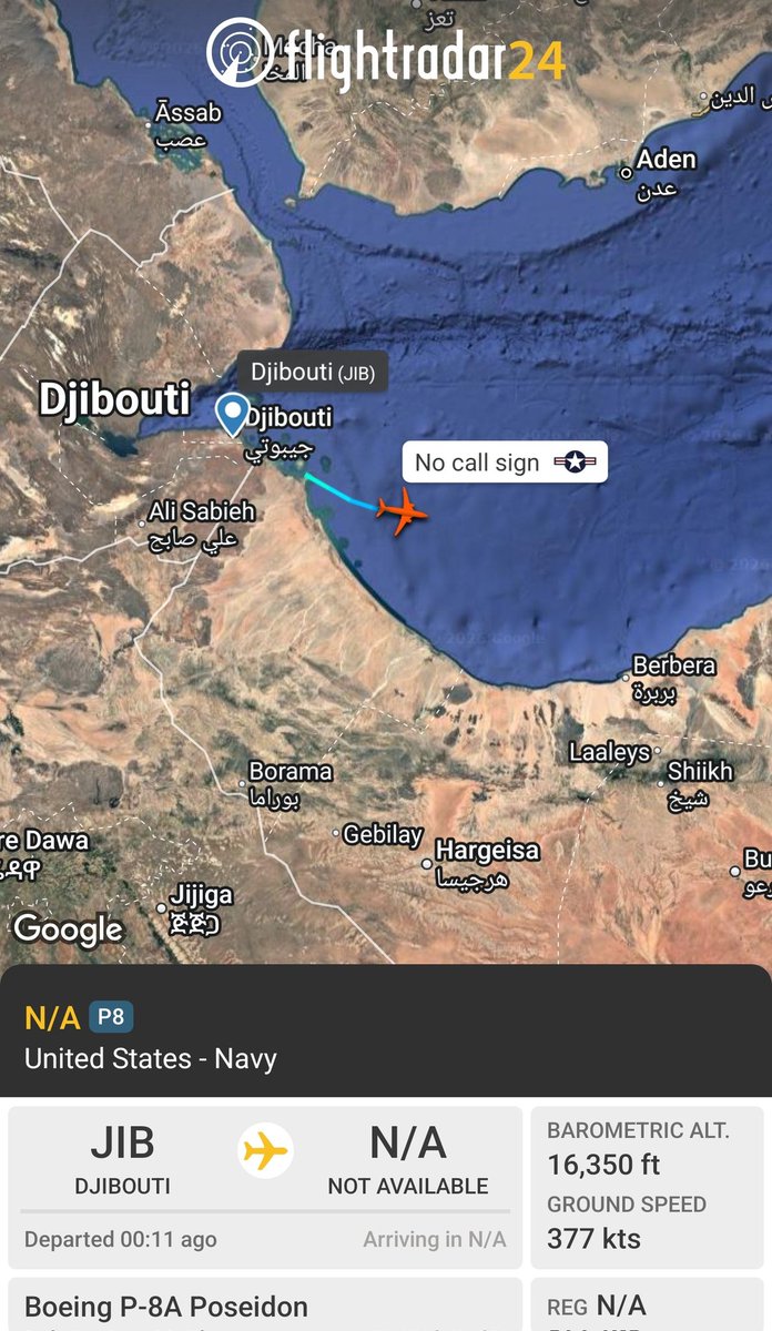 sipjack1776's tweet photo. P-8A πΊπ²
#AE67DF
Out of Djibouti tracking into the Gulf of Aden.
@Borrowed7Time @N214WN @stunorth69 https://t.co/73JKsuaFqX