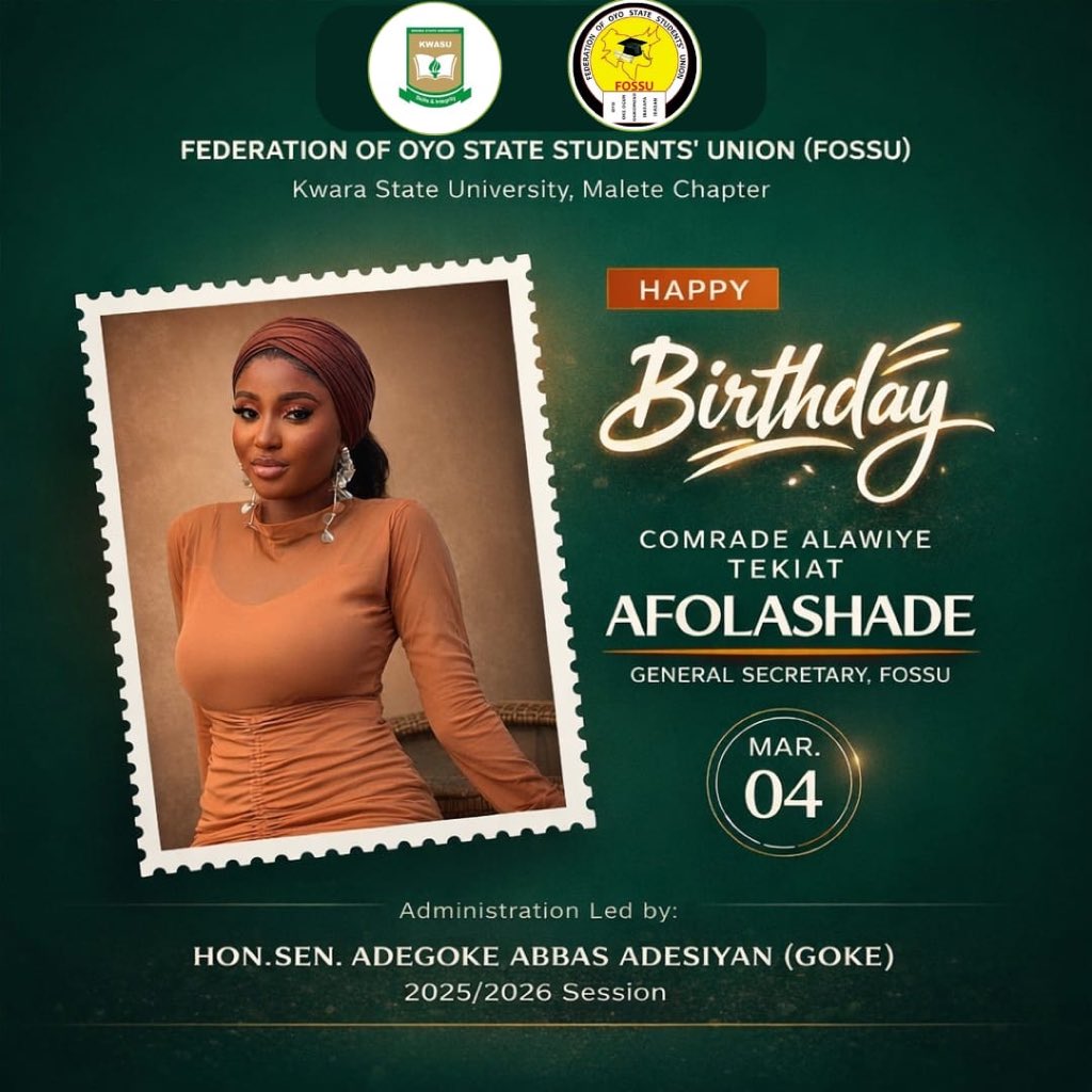 fossukwasu's tweet photo. The Administration of the Executive President, Hon. Sen. Adegoke Abbas Adesiyan, celebrates and extends warm birthday wishes to our General Secretary, Comrade Alawiye Tekiyat Afolashade. 🎉🎂
Through:
Oladimeji Abdulafeez (A-FREZ)
Public Relations Officer
#FOSSU #HappyBirthday https://t.co/Mn6D4Qq7mJ