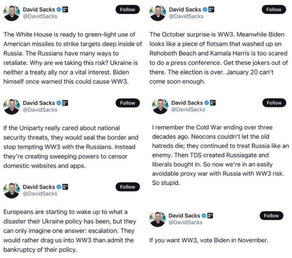 David Sacks, who warned of an impending World War III every single month of the Biden presidency leading up to the 2024 election, has not commented on the ongoing war with Iran.