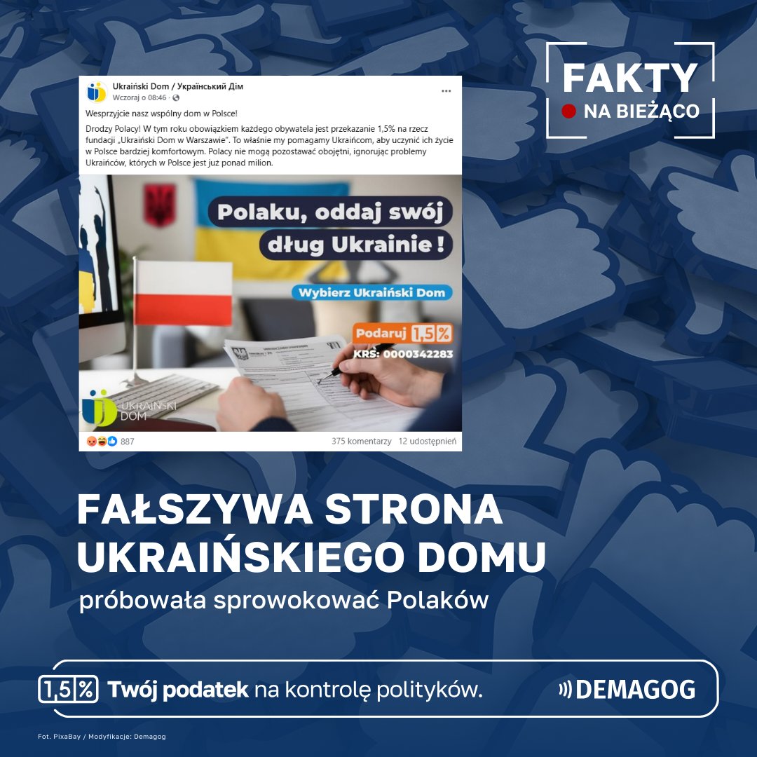 #FaktyNaBieżąco

🇺🇦 Fundacja <a href="/UkrainskiDom/">Fundacja Ukraiński Dom</a> zgłosiła nam stronę na Facebooku, która się pod nią podszywała. W jednym ze wpisów fałszywy profil przekonywał, że przekazanie 1,5% podatku na rzecz tej organizacji jest „obowiązkiem każdego obywatela”.

👉 Na dołączonej grafice widać m