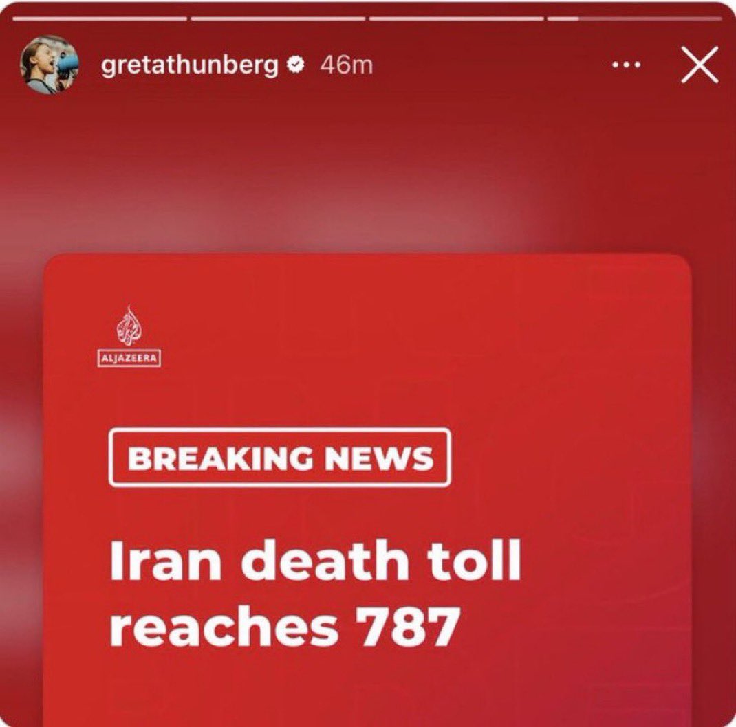 visegrad24's tweet photo. After weeks of staying quiet about the tens of thousands Iranian anti-regime protesters murdered by the Islamist regime, Greta is now posting about the death toll of the airstrikes against the regime.

She also spreads information from Al Jazeera, Islamist Qatari state news https://t.co/n1e7KaA9KM