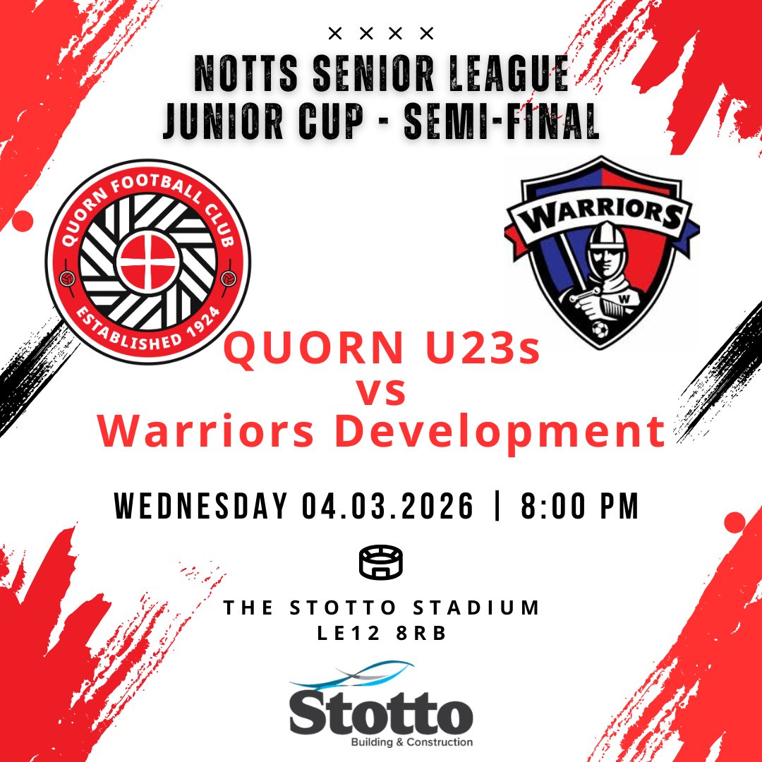 QuornAFC's tweet photo. CUP SEMI-FINAL! Our U23s continue their remarkable season with the semi-final of the Junior Cup this evening. Unbeaten so far, can they go all the way to the final? Join us at Farley Way this evening to find out (8pm KO). Entrance is free and the clubhouse will be open.

#QuornFC https://t.co/MobeQqS7lE