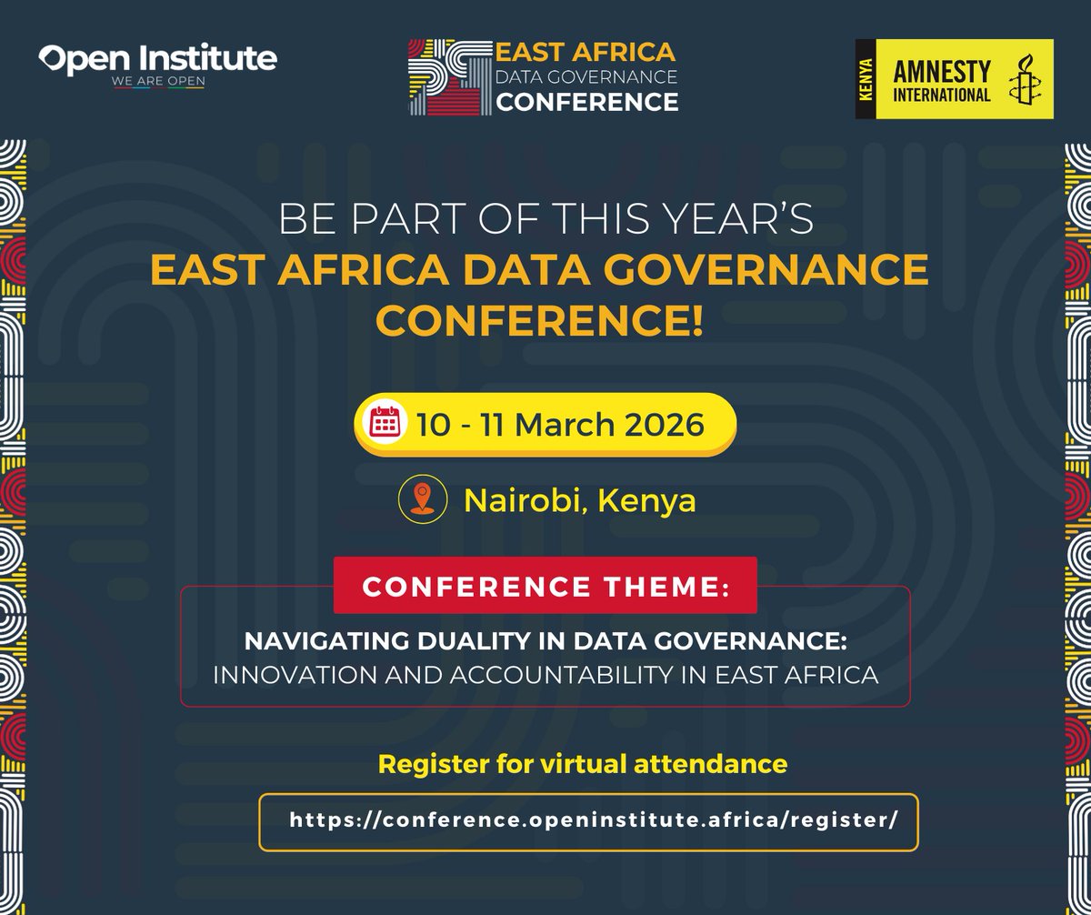 Open_Institute's tweet photo. The Open Institute and @AmnestyKenya, are co-hosting the East Africa Data Governance Conference in collaboration with the Office of the Data Protection Commissioner (@ODPC_KE). Join us next week Tuesday for a regional conversation on data governance in East Africa. From regulation to civic tech, we’re bringing key voices together to explore how we can balance opportunity and responsibility in the digital age. Register for the virtual session and be part of the dialogue.

Virtual registration link: https://t.co/LJAaUYNtcN
📅 Save the date and be part of the conversation!

@alkags , @DavisAdieno , @VictorNdede  @aphrc , @StrathCIPIT,  @StrathU, @Amref_Kenya   @Hewlett_Found, @bajeti_hub 

#EADataGov26 #DataGov26