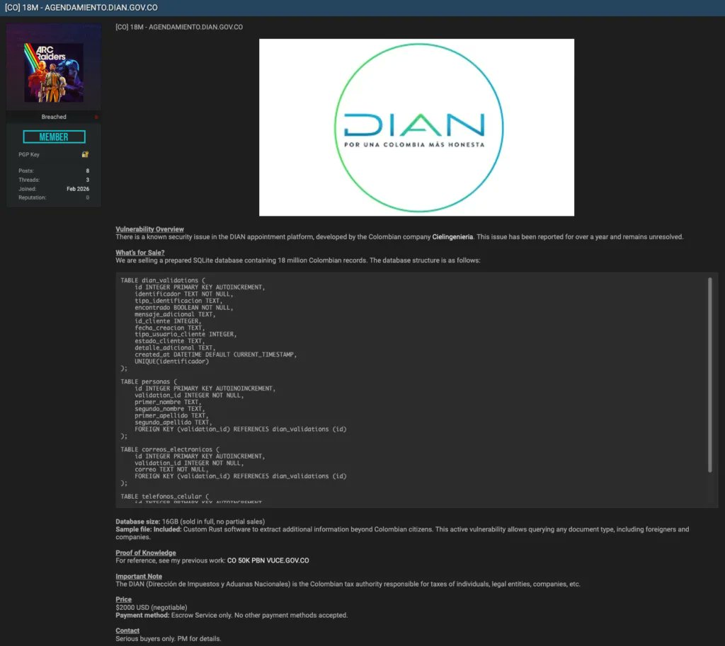 LuisArangoEs's tweet photo. Un medio especializado en ciberseguridad reporta un presunto hackeo a la DIAN.
@DIANColombia

El ciberdelincuente está vendiendo la información: datos de 18 millones de colombianos. (Nombre, identificación, correos y teléfono celular)

La Dian debe informar  si es cierto o no.
Si ocurrió:
• qué datos fueron comprometidos
• qué medidas de contingencia se adoptaron
• cómo se informará a los afectados
• qué se hará para que no vuelva a pasar

Este es el enlace que da cuenta del presunto ataque.
https://t.co/Ql319ZVDsb⁠
