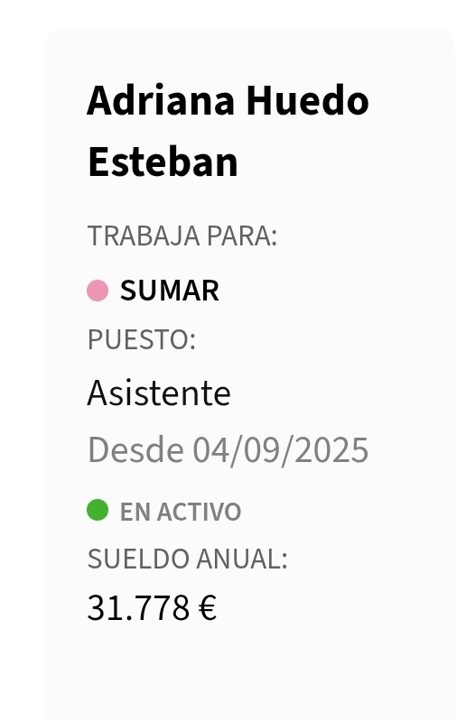 JoseCB_Oficial's tweet photo. Salta sorpresa en ninguna parte. Resulta que Adriana es asistente de sumar en el congreso, con un salario de casi 32,000 € https://t.co/0Gm8jvKVF7