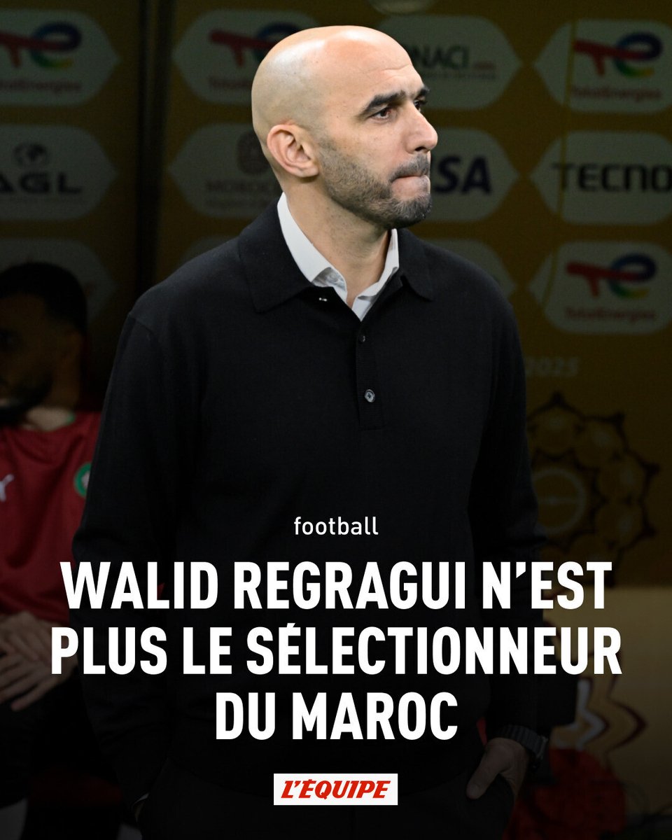 lequipe's tweet photo. L'entraîneur marocain, Walid Regragui, et la Fédération locale ont acté la fin de leur collaboration. Tout est désormais signé. Mohamed Ouahbi devrait prendre le relais, avec João Sacramento et Youssouf Hadji comme adjoints. https://t.co/gWPL6knEND https://t.co/E1oFb1RFxW