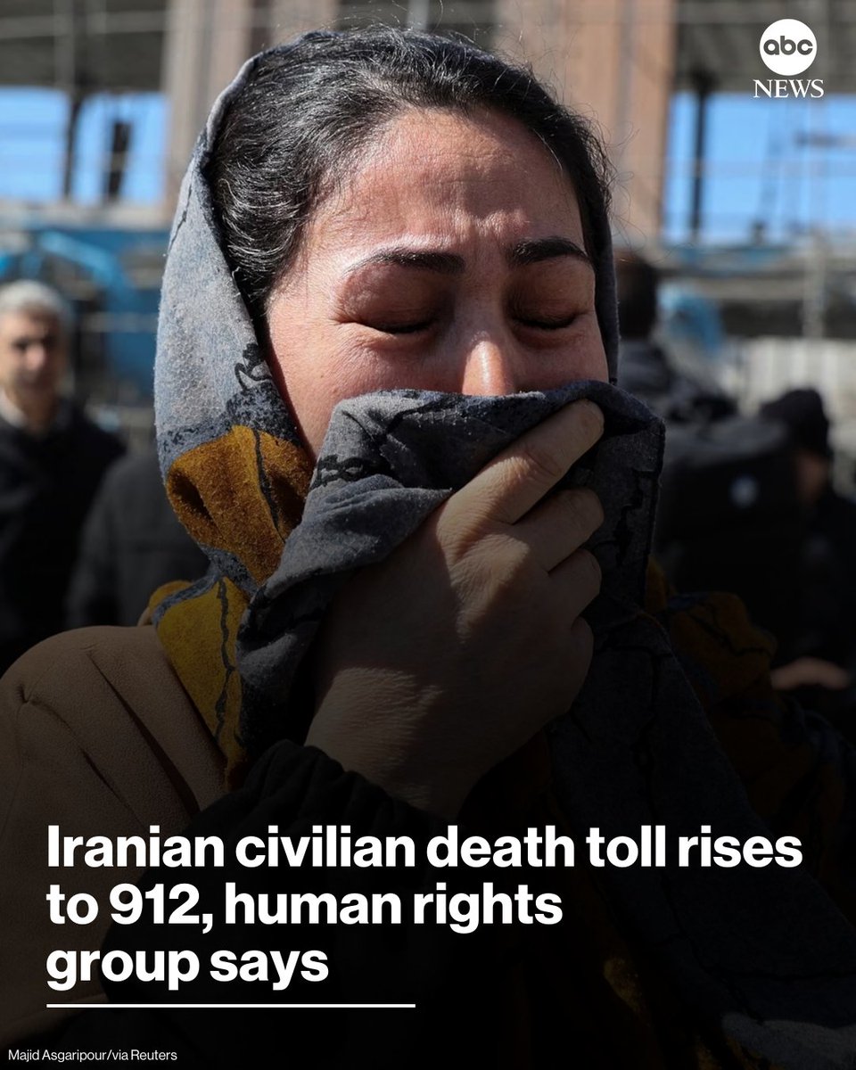 A U.S.-based group that relies on a network of activists in Iran for its reporting said in a statement Tuesday night that it has so far documented the deaths of 912 civilians in Iran, as a result of the ongoing U.S.-Israeli military operation. 

More: abcnews.link/IvHA22p