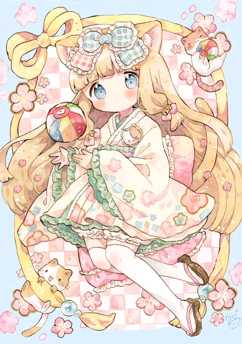 紙風船と猫娘ちゃん #透明水彩