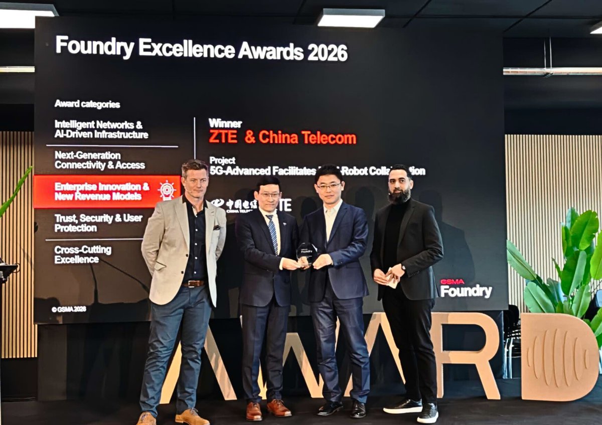 ZTEPress's tweet photo. #ZTE and @chinateleglobal have won three #GSMAFoundry Excellence Awards with two proposals, the "5G-Advanced Facilitates Multi-Robot Collaboration" solution and the "Relieving the Pressure on Physicians" solution. https://t.co/p5jLic26wc
#MWC26 #TechForAll https://t.co/6zGRFnhPC2