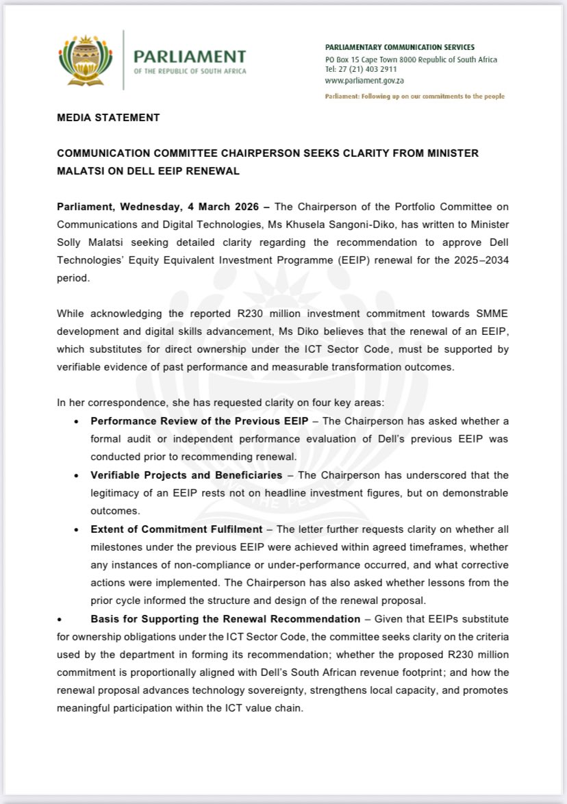 EconoCluster's tweet photo. 𝗠𝗘𝗗𝗜𝗔 𝗦𝗧𝗔𝗧𝗘𝗠𝗘𝗡𝗧
𝗖𝗢𝗠𝗠𝗨𝗡𝗜𝗖𝗔𝗧𝗜𝗢𝗡 𝗖𝗢𝗠𝗠𝗜𝗧𝗧𝗘𝗘 𝗖𝗛𝗔𝗜𝗥𝗣𝗘𝗥𝗦𝗢𝗡 𝗦𝗘𝗘𝗞𝗦 𝗖𝗟𝗔𝗥𝗜𝗧𝗬 𝗙𝗥𝗢𝗠 𝗠𝗜𝗡𝗜𝗦𝗧𝗘𝗥 𝗠𝗔𝗟𝗔𝗧𝗦𝗜 𝗢𝗡 𝗗𝗘𝗟𝗟 𝗘𝗘𝗜𝗣 𝗥𝗘𝗡𝗘𝗪𝗔𝗟 https://t.co/4MhMzycppe