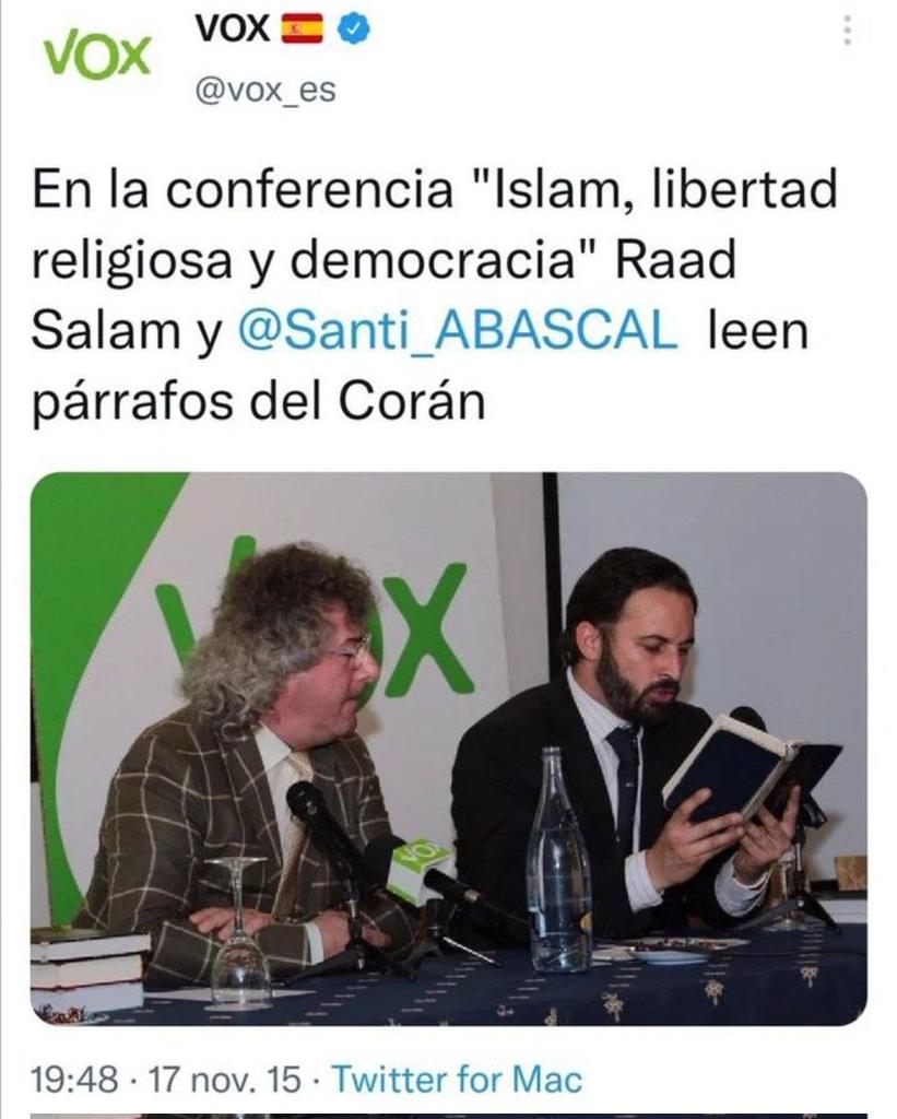 Os acordáis cuando Abascal recibía dinero de Irán para fundar Vox, y leía párrafos del Corán en la conferencia "Islam, libertad religiosa y democracia" ??

Que tiempos aquellos, verdad??