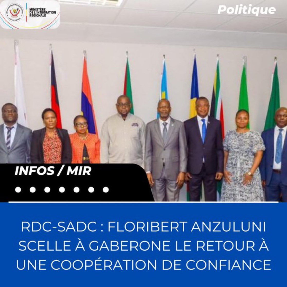 RDC–SADC : <a href="/FloribertAnzu/">Floribert Anzuluni</a> scelle à Gaborone le retour à une coopération de confiance
En mission officielle à Gaborone, capitale du Botswana, le ministre Floribert Anzuluni a marqué une étape importante dans le renforcement des relations entre la République démocratiqueducongo.