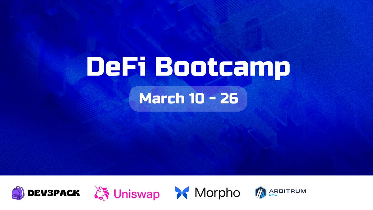 dev3pack's tweet photo. DeFi Bootcamp | March 10 - 26

We have designed a strong curriculum led by our DevRel team, with hands-on practice using top DeFi protocols like @Uniswap and @Morpho

20 slots available for non-dev3pack fellows - apply below

Apply by Saturday 👇
https://t.co/yMS0EHm2jE https://t.co/KzqDEJpjHF