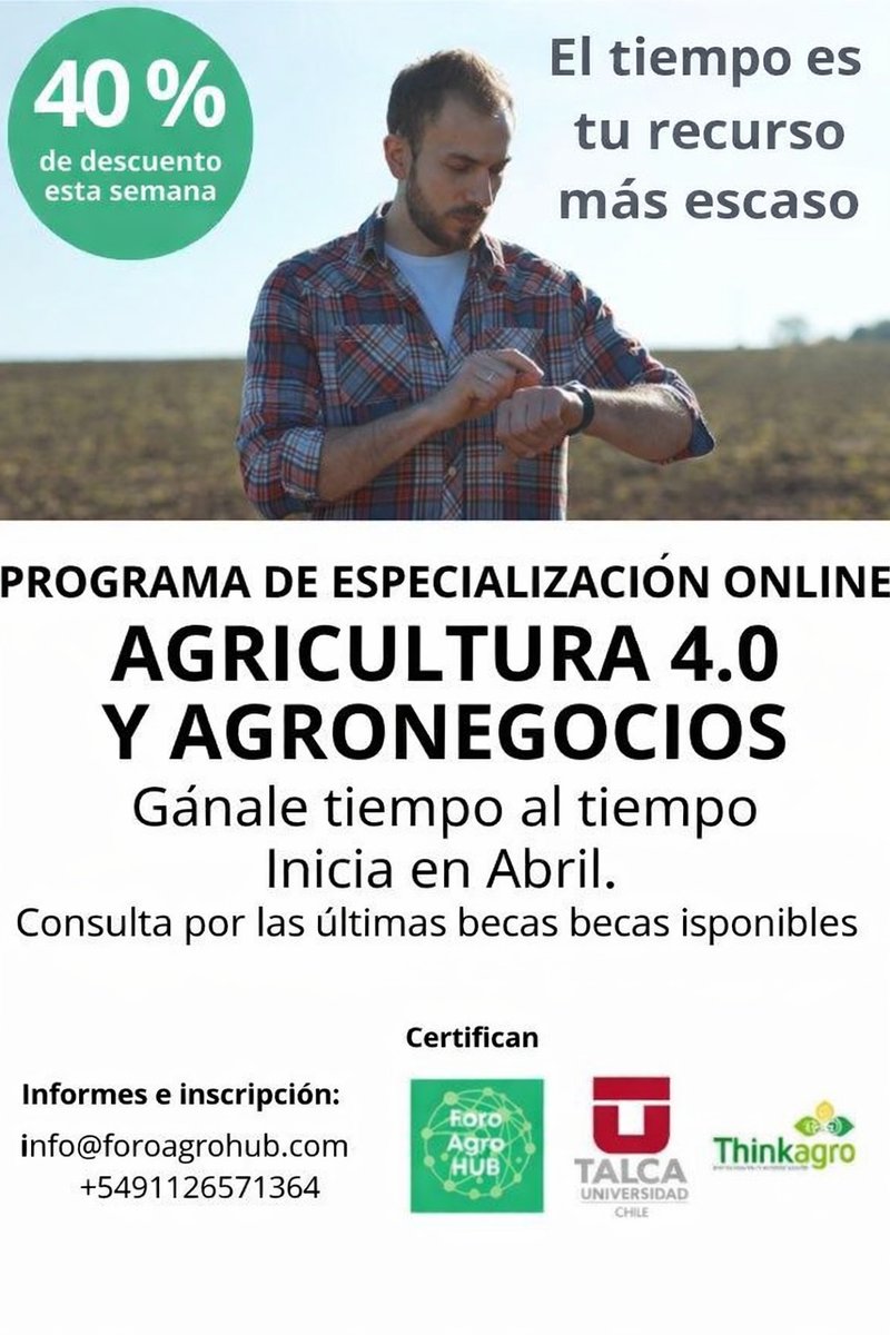 👉🏻40% de descuento esta semana. Vacantes limitadas
📣Programa de Especialización Online en Agricultura 4.0 y Agronegocios 
 ¡Conoce las becas disponibles!
💭 info@foroagrohub.com  📲 wp +5491126571364
🎓Certifica <a href="/UTalca/">Universidad de Talca</a> | Organiza Foro AGRO – Thinkagro