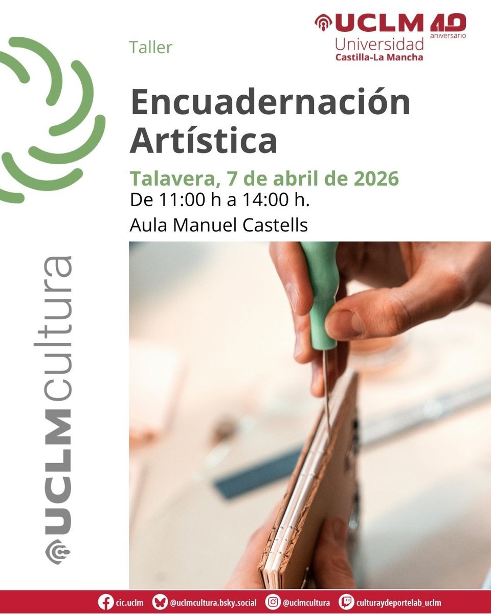 FacSoTI_UCLM's tweet photo. 📢 CAMBIO DE FECHA: Taller de Encuadernación Artística

Os informamos de una actualización en el calendario para el taller que se celebrará en nuestra sede de Talavera de la Reina.

📍 Lugar: Aula Manuel Castells
🗓️ Nueva fecha: 7 de abril
🕙 Horario: De 11:00 a 14:00 h https://t.co/9pyvrZfYel