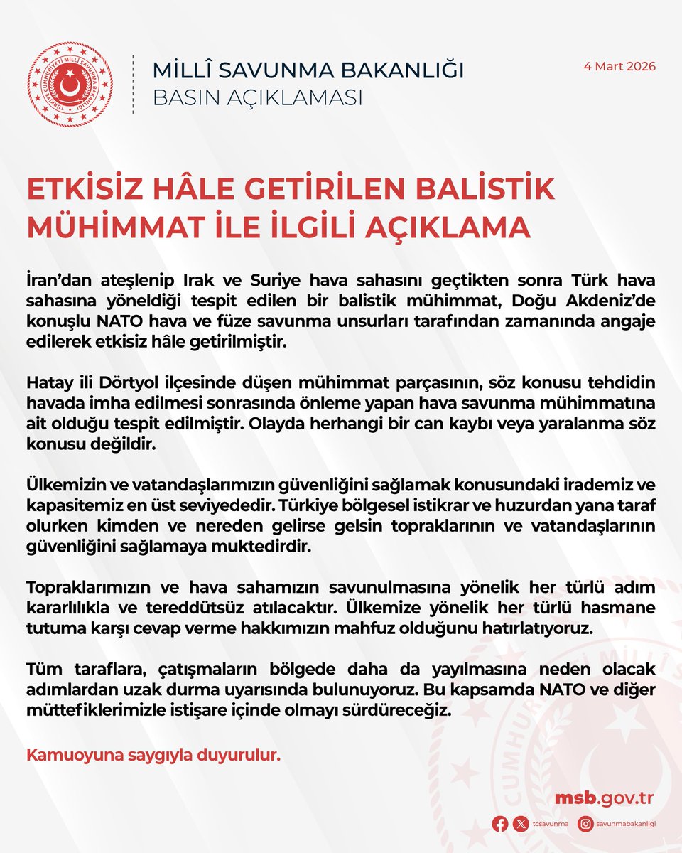 PolliticalWatch's tweet photo. 📄 | According to reports from @tcsavunma an Iranian missile has been intercepted in the Turkish city of Hatay by the Turkish military hours ago. 

Which concludes speculation whether it was an Iranian missile or a strategic trick by the U. S and Israeli Military. 

#Iran #War https://t.co/cXokiiVhhM